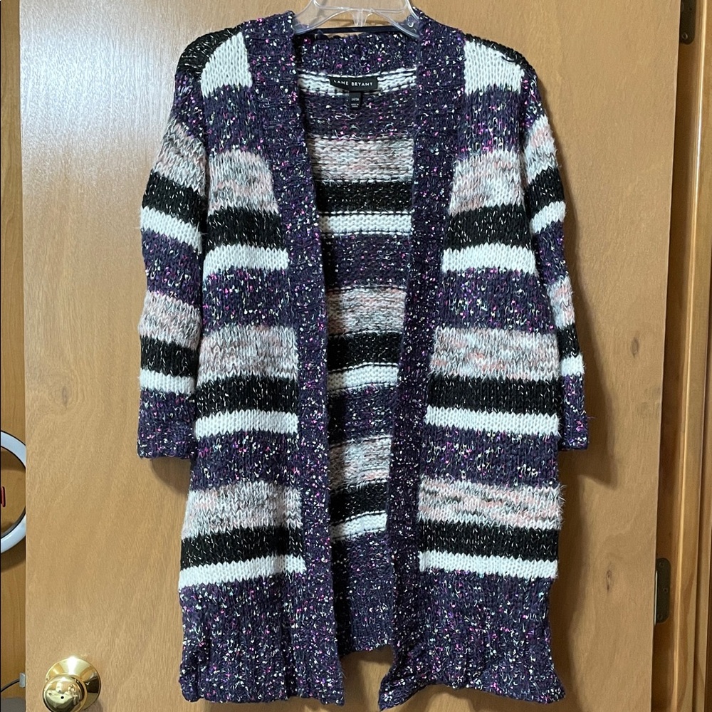 Lane Bryant Purple Black White Striped Open-Front Cardigan